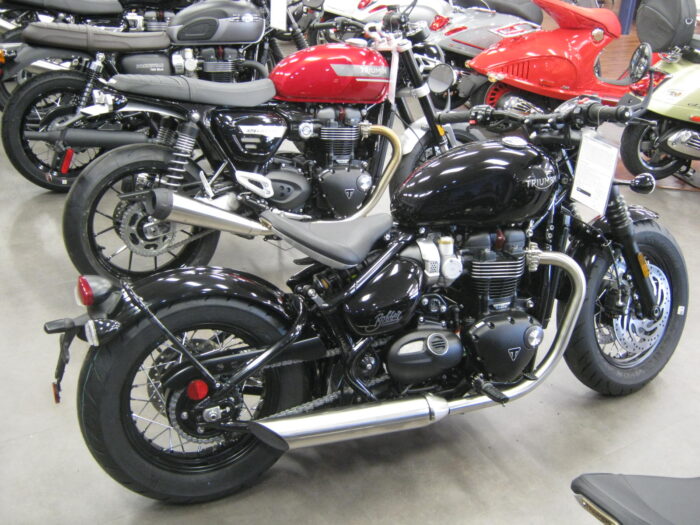 full right side view of a 2022 triumph bonneville bobber at chesapeake cycles