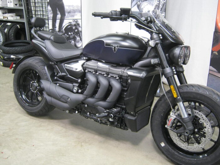 2025 Triumph Rocket 3 GT Storm in Matte Sapphire Black and Satin Pacific Blue at Chesapeake Cycles in Annapolis MD