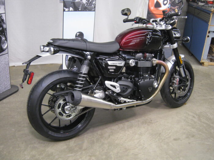 Right Side View of 2024 Triumph Speed Twin 1200 Stealth Edition Phantom Red & Silver Red at Chesapeake Cycles