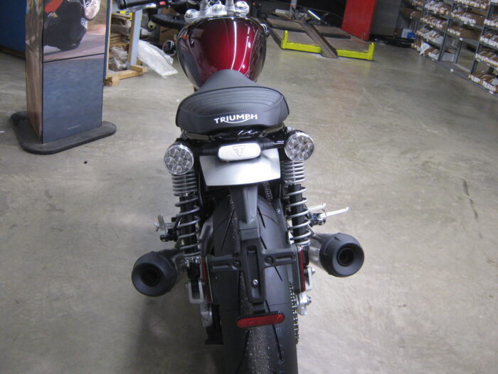 Back View of 2024 Triumph Speed Twin 1200 Stealth Edition Phantom Red & Silver Red at Chesapeake Cycles