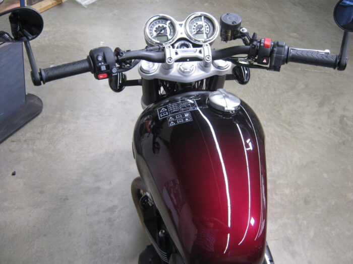 Tank View of 2024 Triumph Speed Twin 1200 Stealth Edition Phantom Red & Silver Red at Chesapeake Cycles