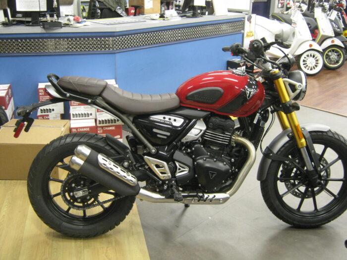 Full Right Side of 2024 Triumph Scrambler 400 X in Carnival Red & Phantom Black at Chesapeake Cycles in Annapolis Maryland