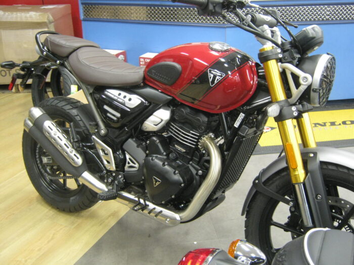 Right Side View of 2024 Triumph Scrambler 400 X in Carnival Red & Phantom Black at Chesapeake Cycles in Annapolis Maryland