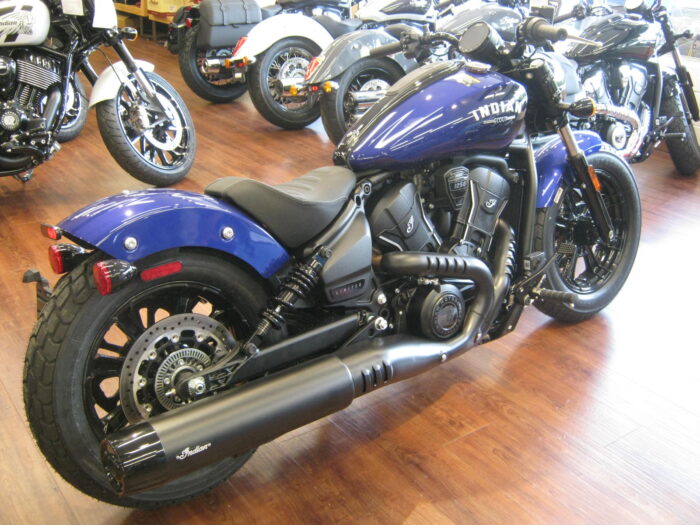 Right side view of 2025 Indian Scout Bobber Limited with Technology Package in Spirit Blue Metallic