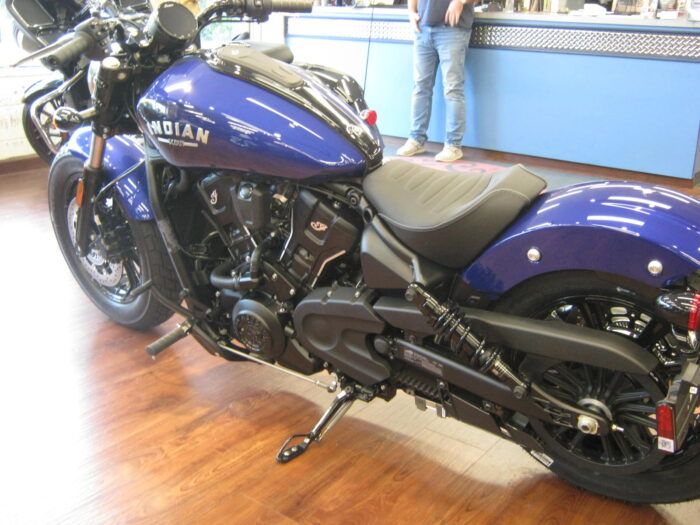 Left rear view of 2025 Indian Scout Bobber Limited with Technology Package in Spirit Blue Metallic