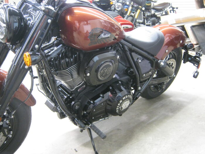 Left front view 2024 Indian Chief Bobber Dark Horse Icon in Copper Metallic Pearl